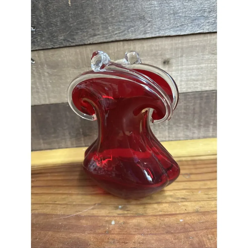 Art Glass Red Coin Purse Vase 7”